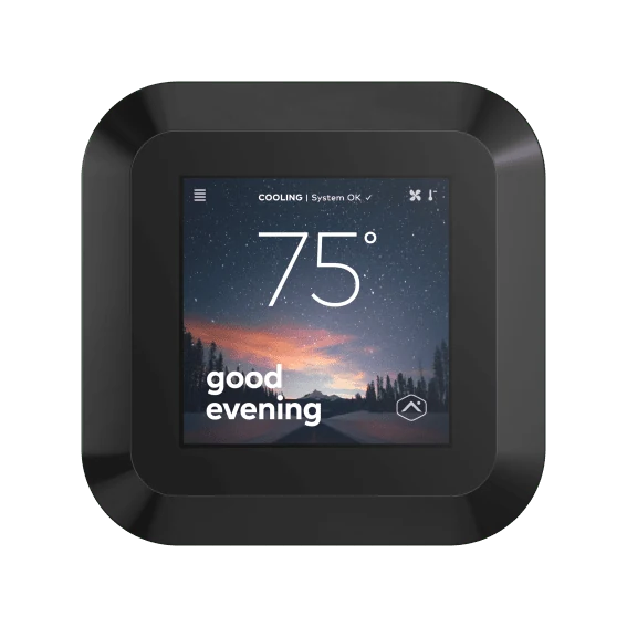 Alarm.com T40 smart thermostat showing 75 degrees and cooling status